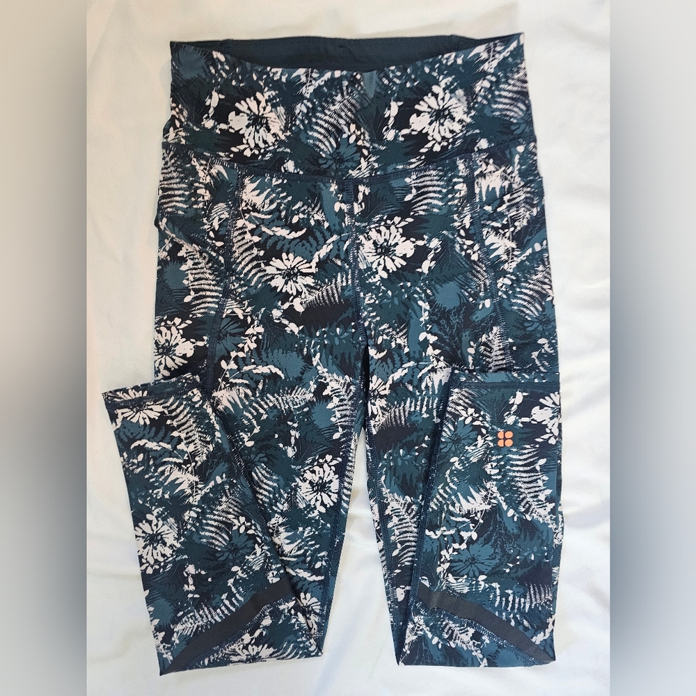 Sweaty Betty Zero Gravity Teal Leaf Print Leggings- XS